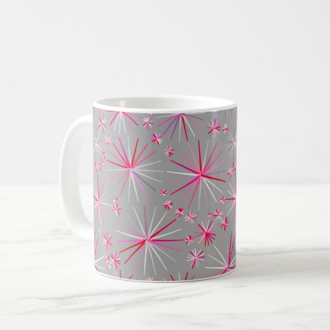 Sputnik-Muster aus der Mitte, Grau und Fuchsia Kaffeetasse (Vorderseite Links)
