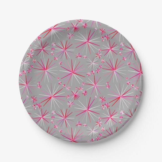 Sputnik-Muster aus der Mitte, Grau und Fuchsia Pappteller (Vorderseite)