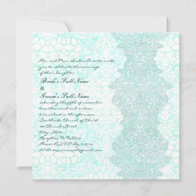 Square Aqua Vintag Damask Einladung Hochzeit (Vorderseite)