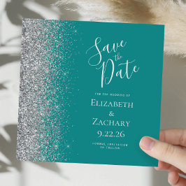 Square Aquamarin Blue Silver Glitzer Save the Date Ankündigung