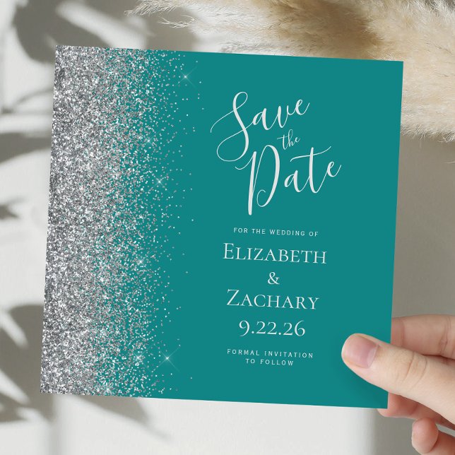 Square Aquamarin Blue Silver Glitzer Save the Date Ankündigung (Von Creator hochgeladen)