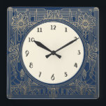 Square Art Deco Uhr in Dunkelblau und Gold<br><div class="desc">Art Deko Uhr,  Jugendstiluhr,  Goldcreme,  1920er Platz,  stilvolle 1920er Stil, Retro Vintag antike, altmodische extravagant, Imitate Golden Line Art, einfache minimalistische Quadrat Uhr, minimales elegantes Design</div>