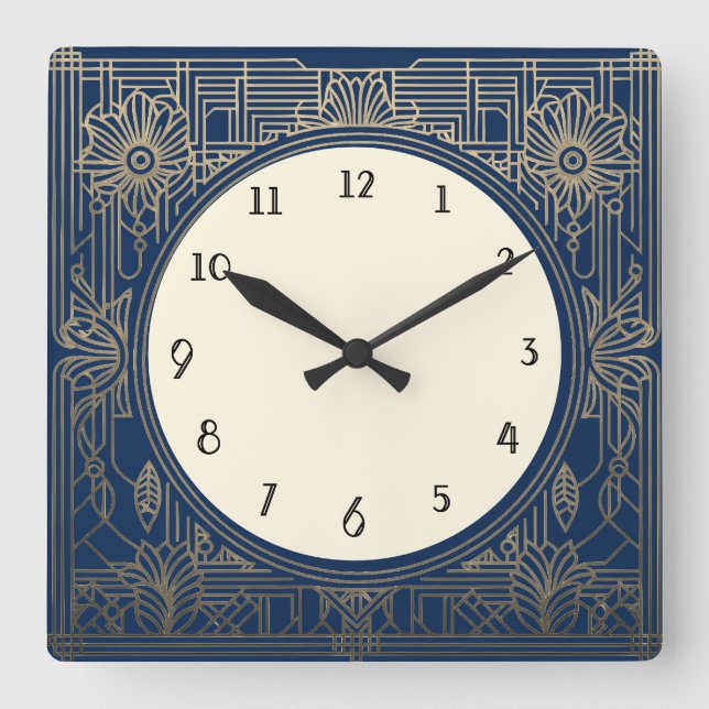 Square Art Deco Uhr in Dunkelblau und Gold (Vorderseite)