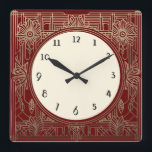 Square Art Deco Uhr in Dunkelrot und Gold<br><div class="desc">Art Deko Uhr, Jugendstil Uhr, Goldcreme, 1920er Jahre Platz, stilvolle, raffinierte 1920er Stil, Retro Vintag antike, altmodische extravagant, Imitate goldene Linie Kunst, einfache minimalistische Quadrat Uhr, minimales elegantes Design</div>