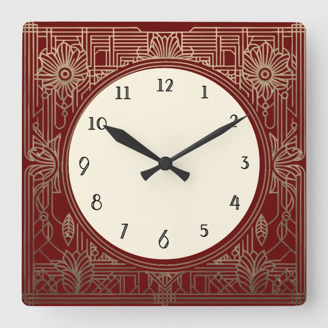 Square Art Deco Uhr in Dunkelrot und Gold (Vorderseite)