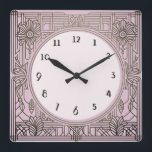 Square Art Deco Uhr Rosa<br><div class="desc">Art Deko Uhr,  Jugendstil Uhr,  1920er Jahre Platz,  stilvolle,  raffinierte 1920er Stil, Retro Vintag antike, altmodische extravagant, Imitate goldene Linie Kunst, einfache minimalistische Quadrat Uhr, minimales elegantes Muster Design</div>