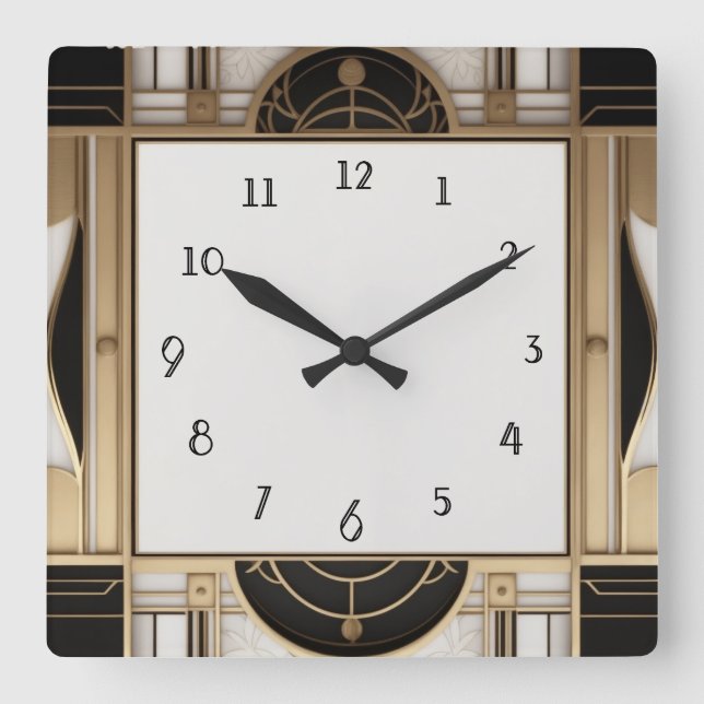 Square Art Deco Uhr Schwarz-weiße und goldene Uhr (Vorderseite)
