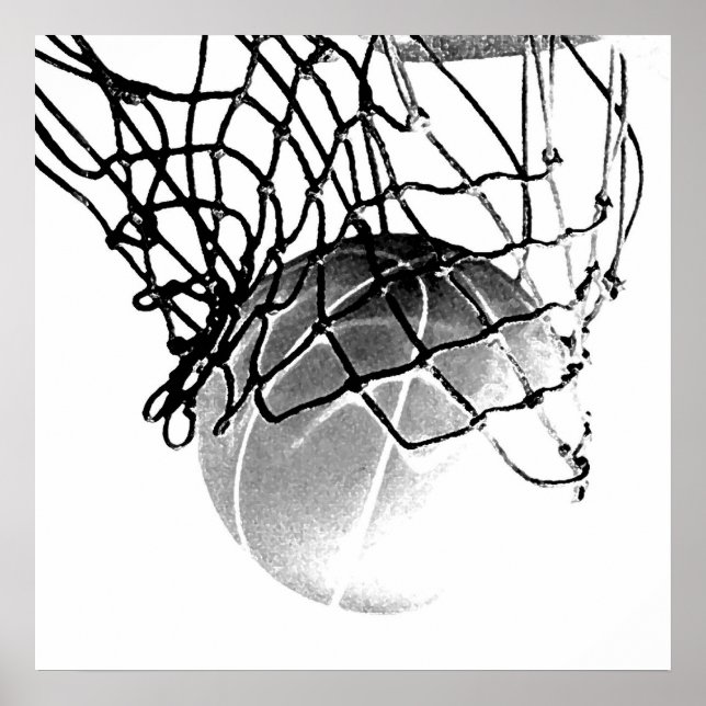 Square B&W Basketball Ball & Net Print Poster (Vorne)