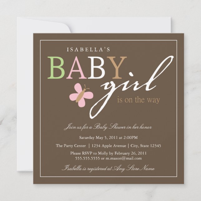 Square BABY GIRL Babydusche Einladung (Vorderseite)