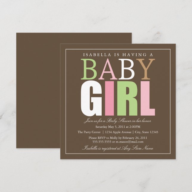 Square Baby Girl| Kinderdusche Einladung (Vorne/Hinten)