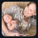 Square Baby's First Christmas Foto Stickers<br><div class="desc">Square Baby's First Christmas Foto Aufkleber mit veränderbarem Text Fotografie © Storytree Studios,  Stanford,  CA</div>