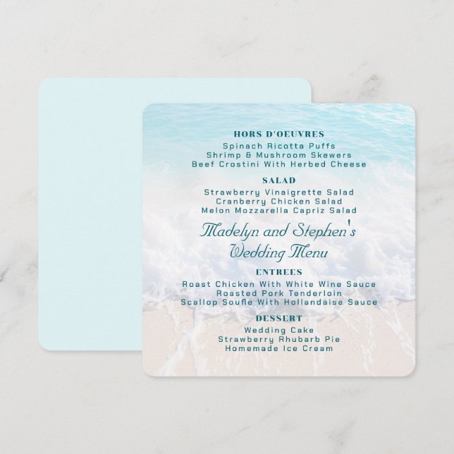 Square Beach Background Wedding Menu Template Menükarte (Vorne/Hinten)