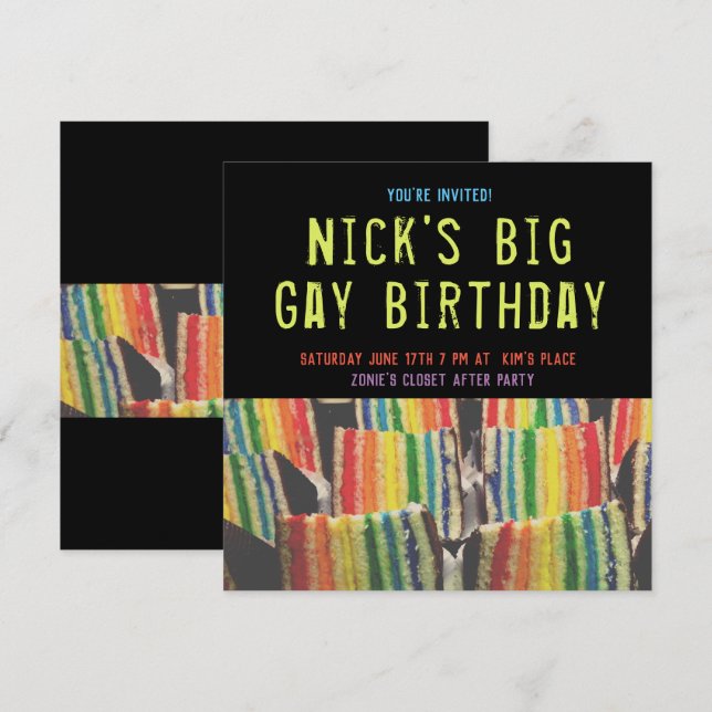 Square Big Gay Birthday Rainbow Cake Einladung (Vorne/Hinten)