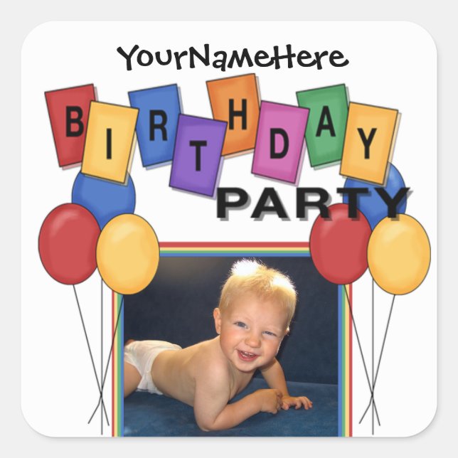 Square Birthday Party Foto Stickers (Vorderseite)
