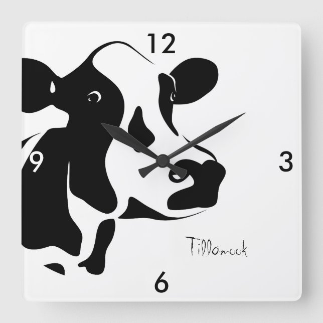 Square Black and White Tillamook Cow Clock Quadratische Wanduhr (Vorderseite)