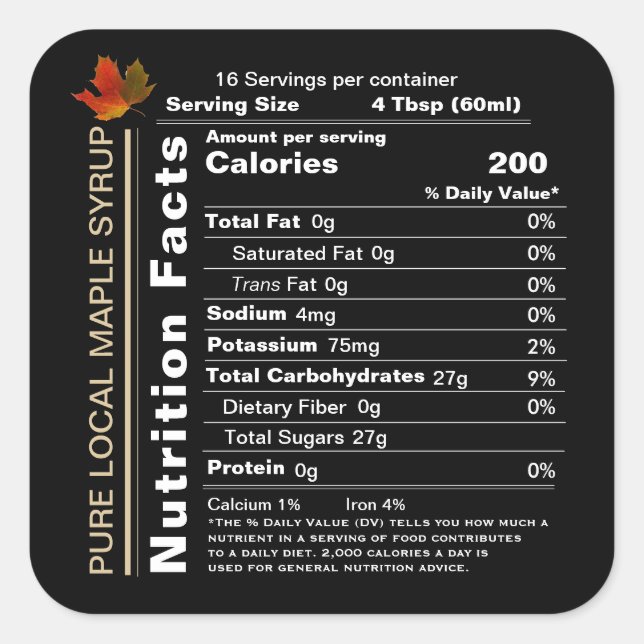 Square Black Maple Sirup Nutrition Fakten mit Leaf Quadratischer Aufkleber (Vorderseite)