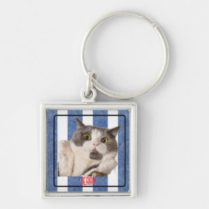 Square Blue Red White Nautical Stripes Metal Schlüsselanhänger