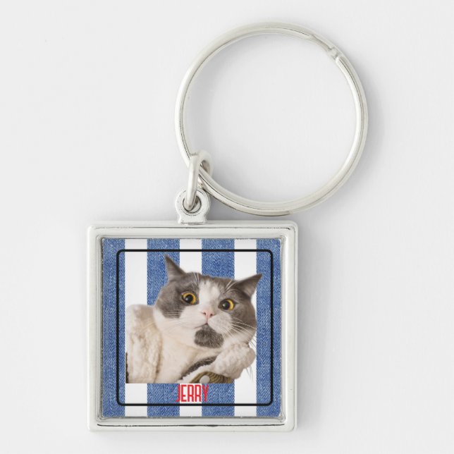 Square Blue Red White Nautical Stripes Metal Schlüsselanhänger (Vorne)