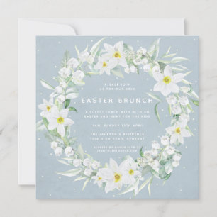 Square Blue + White Floral Wreath Osterfeier Einladung