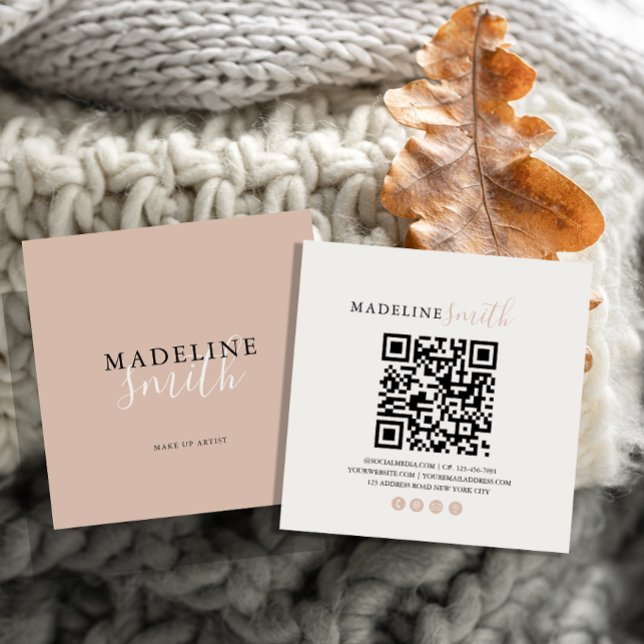 Square Boho Beige Script QR code Quadratische Visitenkarte (Von Creator hochgeladen)