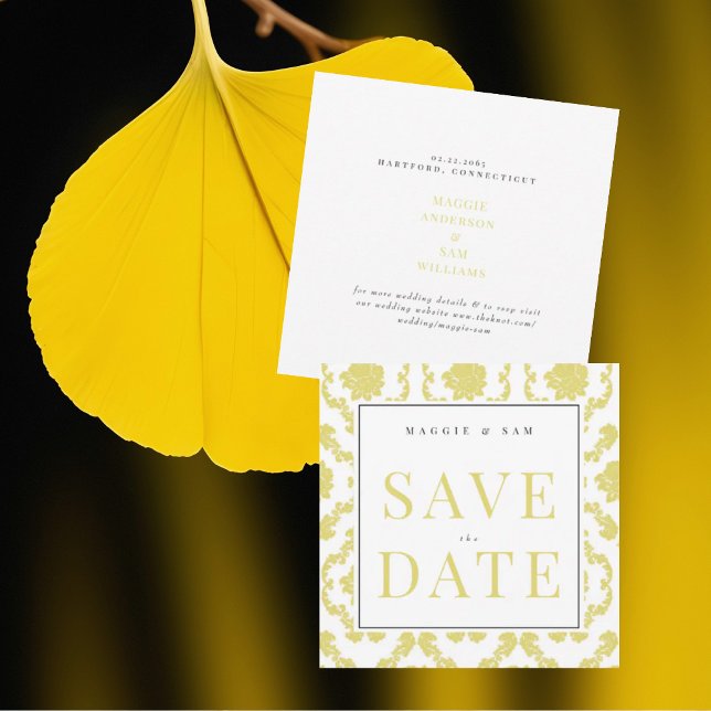Square Buttery Yellow Damask Hochzeitdatum Gerette Save The Date (Von Creator hochgeladen)