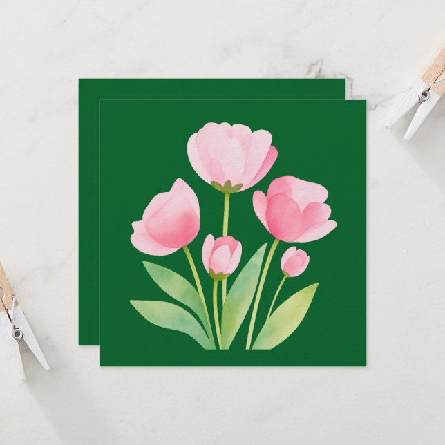 Square Card with Watercolor Tulips on Green (Vorderseite/Rückseite Beispiel)