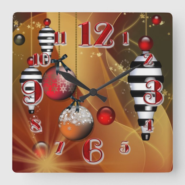 Square Christmas Bauble Clock Quadratische Wanduhr (Vorderseite)