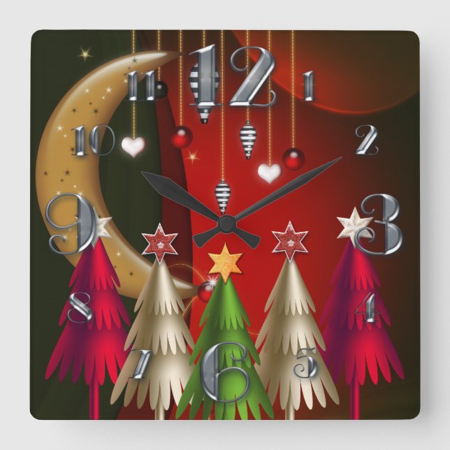 Square Christmas Trees and Baubles Clock Quadratische Wanduhr (Vorderseite)