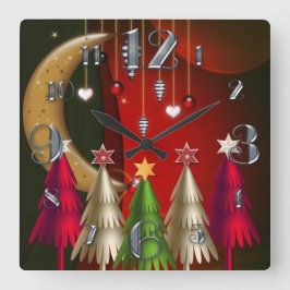 Square Christmas Trees and Baubles Clock Quadratische Wanduhr