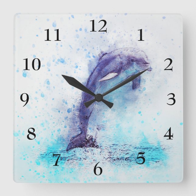 Square clock with a Beautiful dolphin Quadratische Wanduhr (Vorderseite)