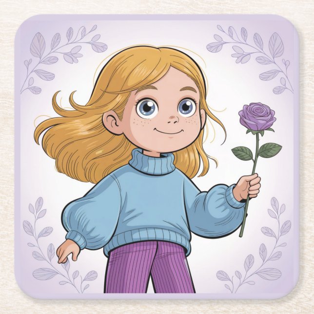 Square Comic Girl Lavender Untersetzer Set (Vorderseite)