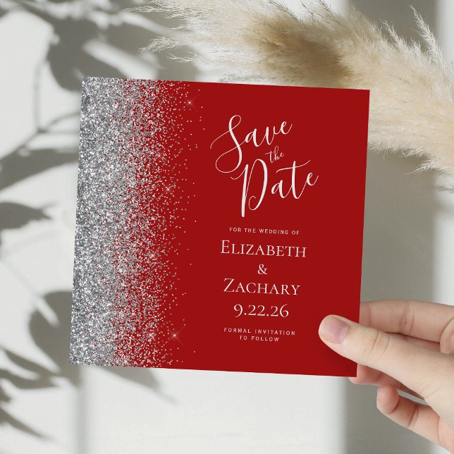 Square Crimson Red Silver Glitzer Save the Date Ankündigung (Von Creator hochgeladen)