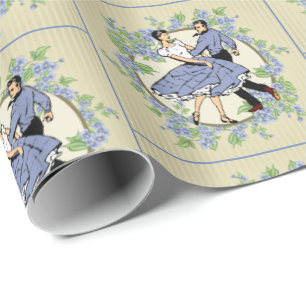 Square Dancing Couple mit Blumenrahmen Blue Tan Geschenkpapier