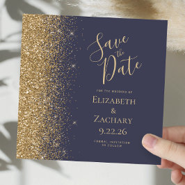 Square Dark Blue Gold Glitzer Save the Date Ankündigung
