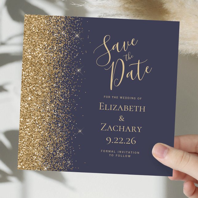 Square Dark Blue Gold Glitzer Save the Date Ankündigung (Von Creator hochgeladen)