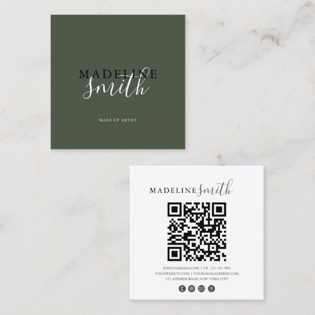 Square Dark Green Script QR code Quadratische Visitenkarte (Vorne/Hinten)
