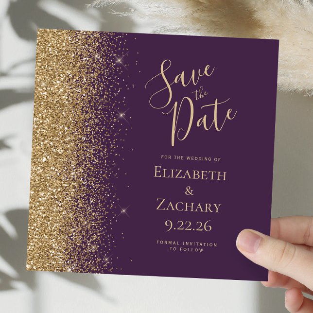 Square Dark Lila Gold Glitzer Save the Date Ankündigung (Von Creator hochgeladen)