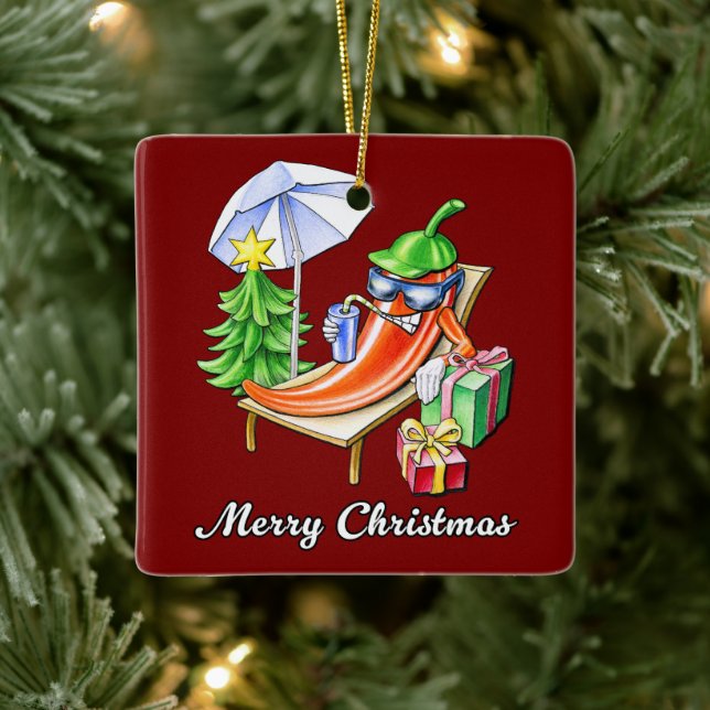 Square Deep Red Merry Christmas Pepper Keramikornament (Baum)