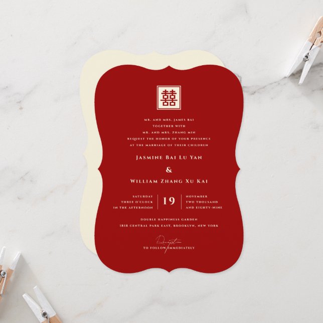 Square Double Happiness Classic Chinese Wedding Einladung (Vorderseite/Rückseite Beispiel)