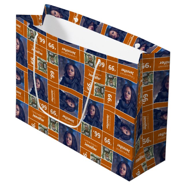 Square Foto Abschluss Class Jahr Burniere Orange Große Geschenktüte (Vorderseite Schrägansicht)