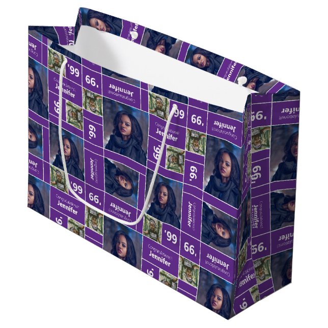 Square Foto Abschluss Class Jahr Lila Große Geschenktüte (Vorderseite Schrägansicht)