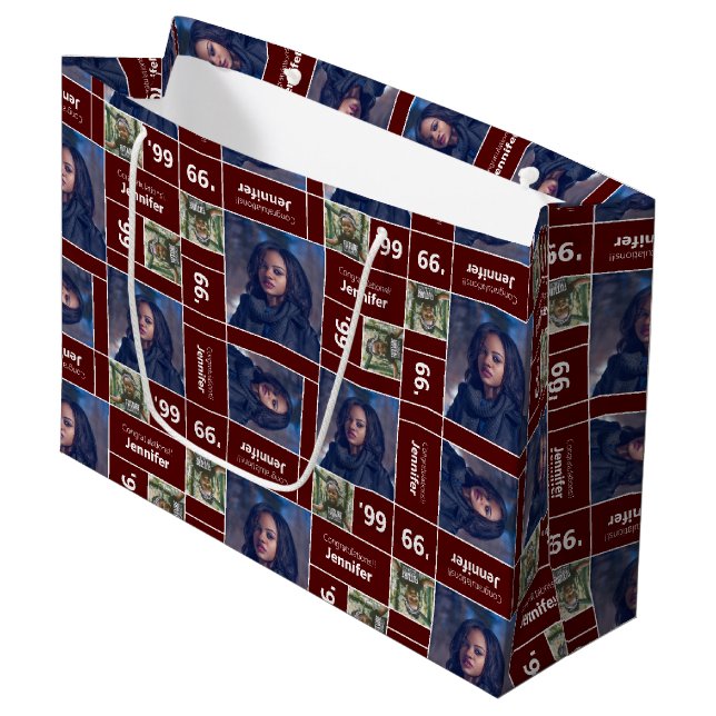 Square Foto Abschluss Class Jahr Maroon Große Geschenktüte (Vorderseite Schrägansicht)
