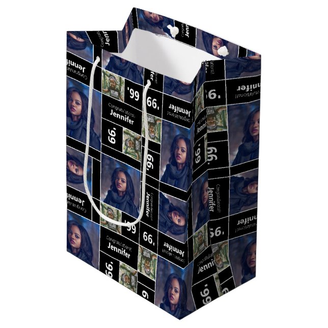 Square Foto Abschluss Class Year Black Mittlere Geschenktüte (Vorderseite Schrägansicht)
