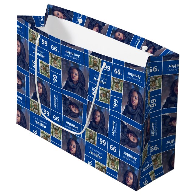 Square Foto Abschluss Class Year Blue Große Geschenktüte (Vorderseite Schrägansicht)