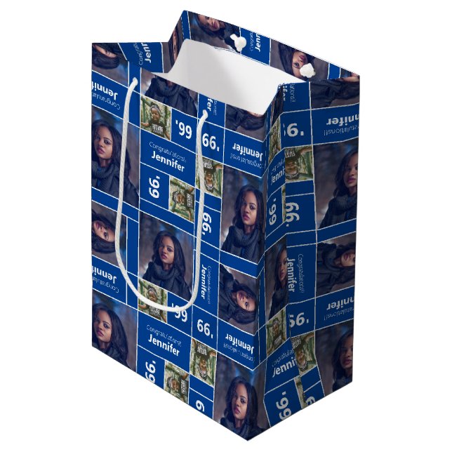 Square Foto Abschluss Class Year Blue Mittlere Geschenktüte (Vorderseite Schrägansicht)