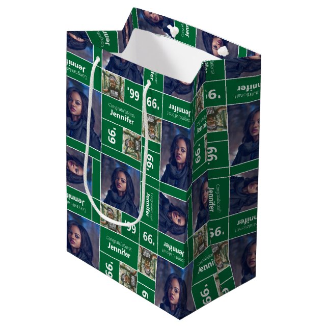 Square Foto Abschluss Class Year Green Mittlere Geschenktüte (Vorderseite Schrägansicht)