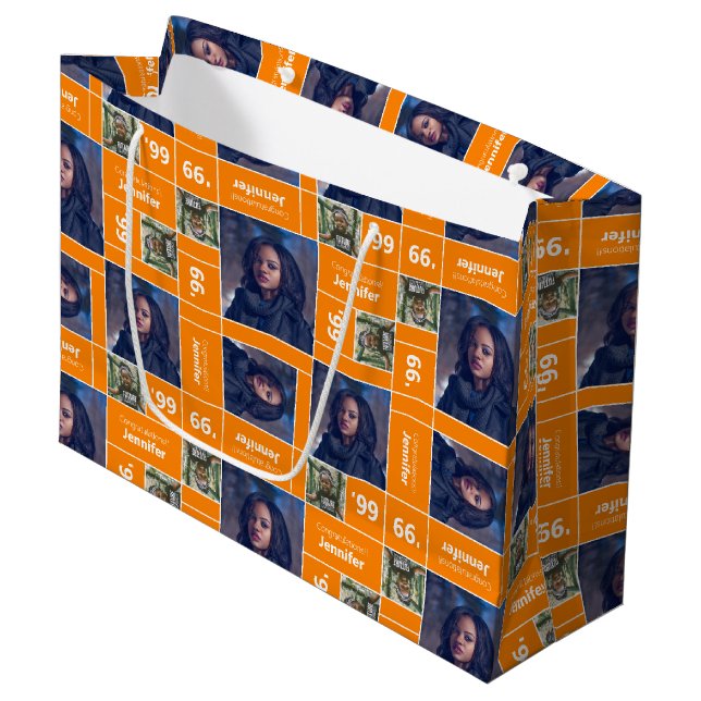 Square Foto Abschluss Class Year Orange Große Geschenktüte (Vorderseite Schrägansicht)