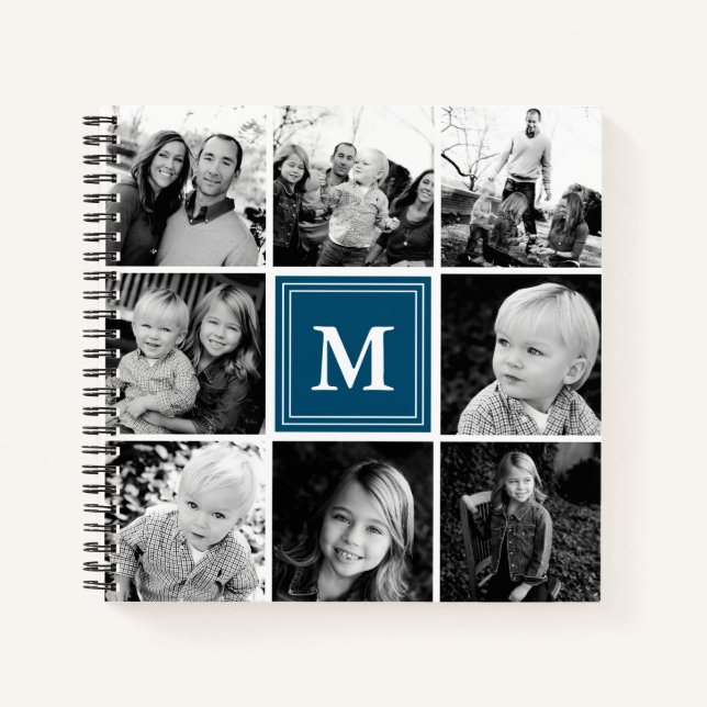 Square Foto Collage Navy Blue Mit Monogramm Custom Notizbuch (Vorderseite)