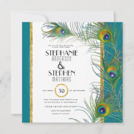 Square Gold Peacock Feather Modern Typografy Einladung