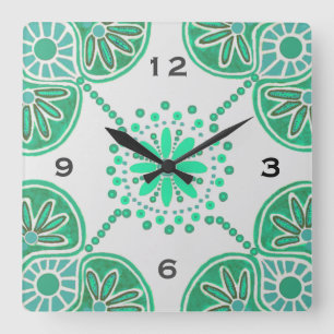 Square Green Tile Pattern Wall Uhr
